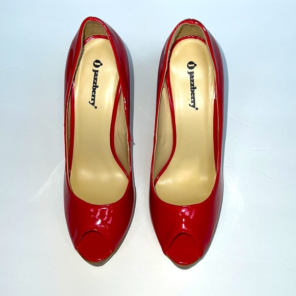 JAZZBERRY RED PATENT LEATHER PEEP-TOE PUMPS!! WORN ONCE - Picture 2 of 6